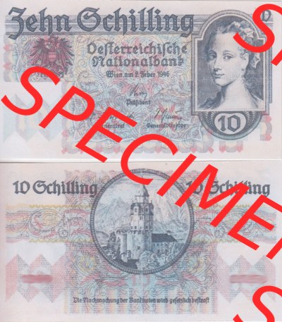 Banknoten Österreich 1946-1946, 10 Schilling. Vorderseite und Rückseite auf einen Digitalen Bild der Banknoten von Österreich... Sammlung