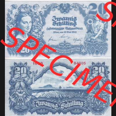 Banknoten Österreich 1945-1945, 20 Schilling. Vorderseite und Rückseite auf einen Digitalen Bild der Banknoten von Österreich 1945 Schilling, Banknoten aus Satz der Banknoten... Sammlung