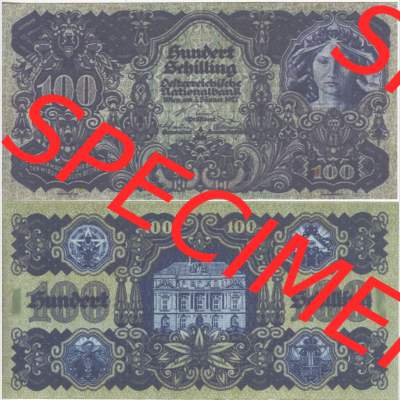 Banknoten Österreich 1927-1927, 100 Schilling. Vorderseite und Rückseite auf einen Digitalen Bild der Banknoten von Österreich 1927-1930, Banknoten aus Satz der Banknoten... Sammlung