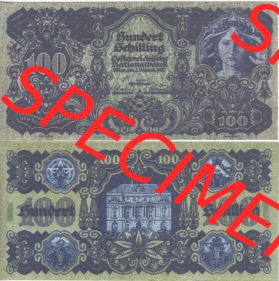 Banknoten Österreich 1927-1927, 100 Schilling. Vorderseite und Rückseite auf einen Digitalen Bild der Banknoten von Österreich... Sammlung