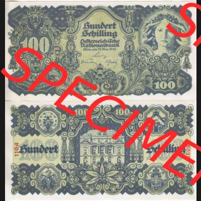 Banknoten Österreich 1945-1945, 100 Schilling Erste Ausgabe. Vorderseite und Rückseite auf einen Digitalen Bild der Banknoten von Österreich 1945 Schilling, Banknoten... Sammlung