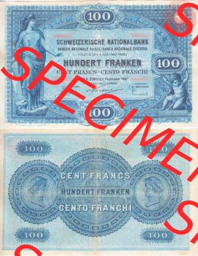 Banknoten Schweiz 1907-1907, 100 Franken. Vorderseite und Rückseite auf einen Digitalen Bild der Banknoten der Schweiz 1907,... Sammlung