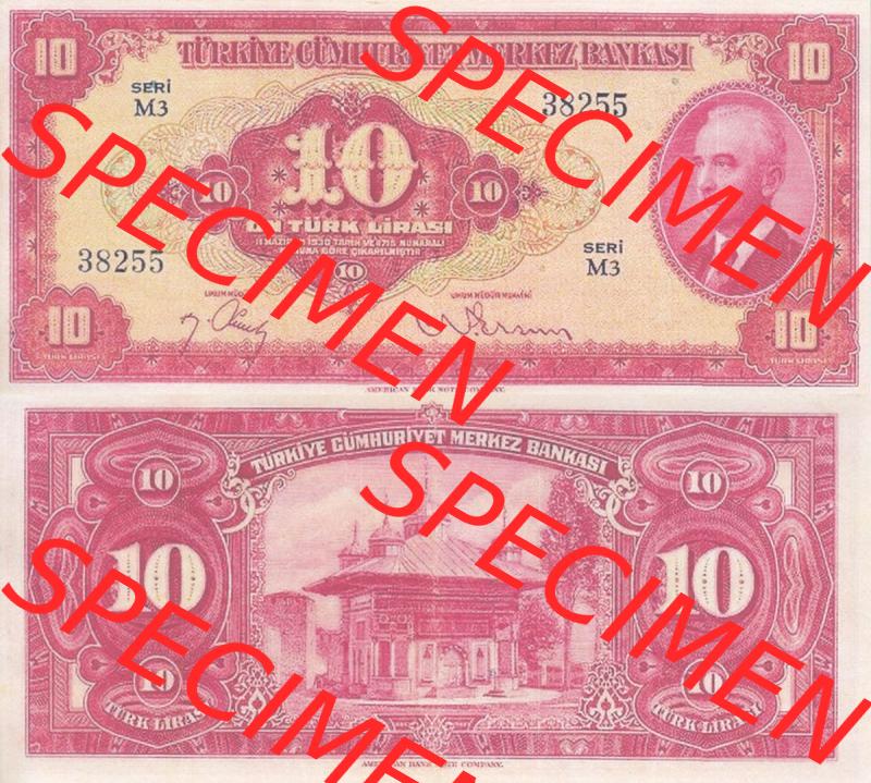 Banknote Türkei 1947, P147, 10 Lira. Vorderseite und Rückseite auf einen Digitalen Bild der Banknoten der Türkei 1947, Banknoten aus Satz der Banknoten der Türkei... Sammlung