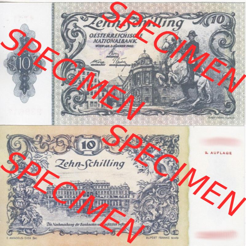 Banknoten Österreich 1950-1950, 10 Schilling 2. Auflage. Vorderseite und Rückseite auf einen Digitalen Bild der Banknoten von Österreich 1945-1954, Banknoten aus... Sammlung