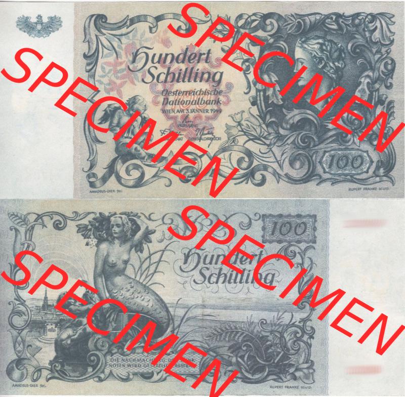 Banknoten Österreich 1949-1949, 100 Schilling II.. Vorderseite und Rückseite auf einen Digitalen Bild der Banknoten von Österreich 1945-1954, Banknoten aus Satz... Sammlung