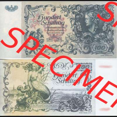 Banknoten Österreich 1949-1949, 100 Schilling I.. Vorderseite und Rückseite auf einen Digitalen Bild der Banknoten von Österreich 1945-1954, Banknoten aus Satz... Sammlung