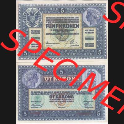 Banknoten Österreich 1914-1914, 5 Kronen. Vorderseite und Rückseite auf einen Digitalen Bild der Banknoten von Österreich 1913-1919, Banknoten aus Satz der Banknoten Österreich... Sammlung