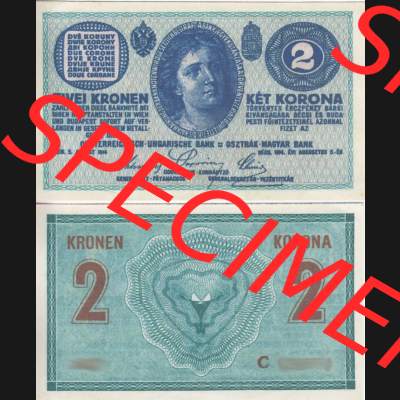 Banknoten Österreich 1914-1914, 2 Kronen. Vorderseite und Rückseite auf einen Digitalen Bild der Banknoten von Österreich 1913-1919, Banknoten aus Satz der Banknoten Österreich... Sammlung