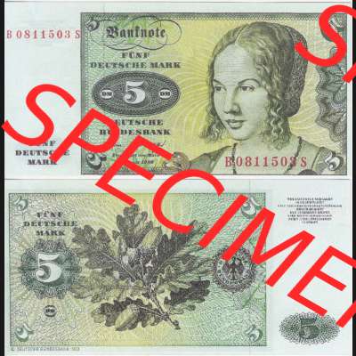 BRD Deutschland Deutsche Bundesbank 1980, 5 DM-Deutsche Mark. Vorderseite und Rückseite auf einen Digitalen Bild der Banknoten Deutschland Deutsche Bundesbank 1980, Banknoten aus... Sammlung