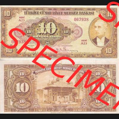 Banknote Türkei 1947, P148, 10 Lira. Vorderseite und Rückseite auf einen Digitalen Bild der Banknoten der Türkei 1947, Banknoten aus Satz der Banknoten der Türkei... Sammlung