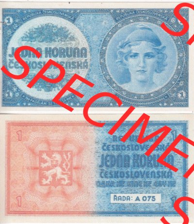 Banknoten Tschechoslowakei 1938-1938, 1 Krone. Vorderseite und Rückseite auf einen Digitalen Bild der Banknoten der Tschechoslowakei... Sammlung