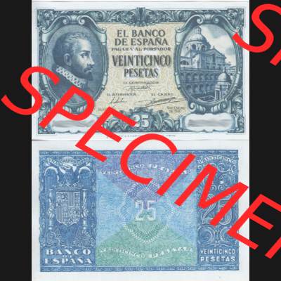 Banknoten Spanien 1940-1943. 25 Peseten. Vorderseite und Rückseite auf einen Digitalen Bild der Banknoten von Spanien 1940, 1943, 1945, Banknoten aus Satz der Banknoten... Sammlung