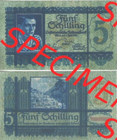 Banknoten Österreich 1927-1927, 5 Schilling. Vorderseite und Rückseite auf einen Digitalen Bild der Banknoten von Österreich... Sammlung