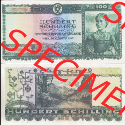 Banknoten Österreich 1947-1947, 100 Schilling. Vorderseite und Rückseite auf einen Digitalen Bild der Banknoten von Österreich 1945-1947, Banknoten aus Satz der Banknoten... Sammlung