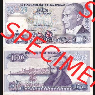 Banknote Türkei 1986-1986 (1970), 1000 Lira. Vorderseite und Rückseite auf einen Digitalen Bild der Banknoten der Türkei 1968-1986, Banknoten aus Satz der Banknoten... Sammlung