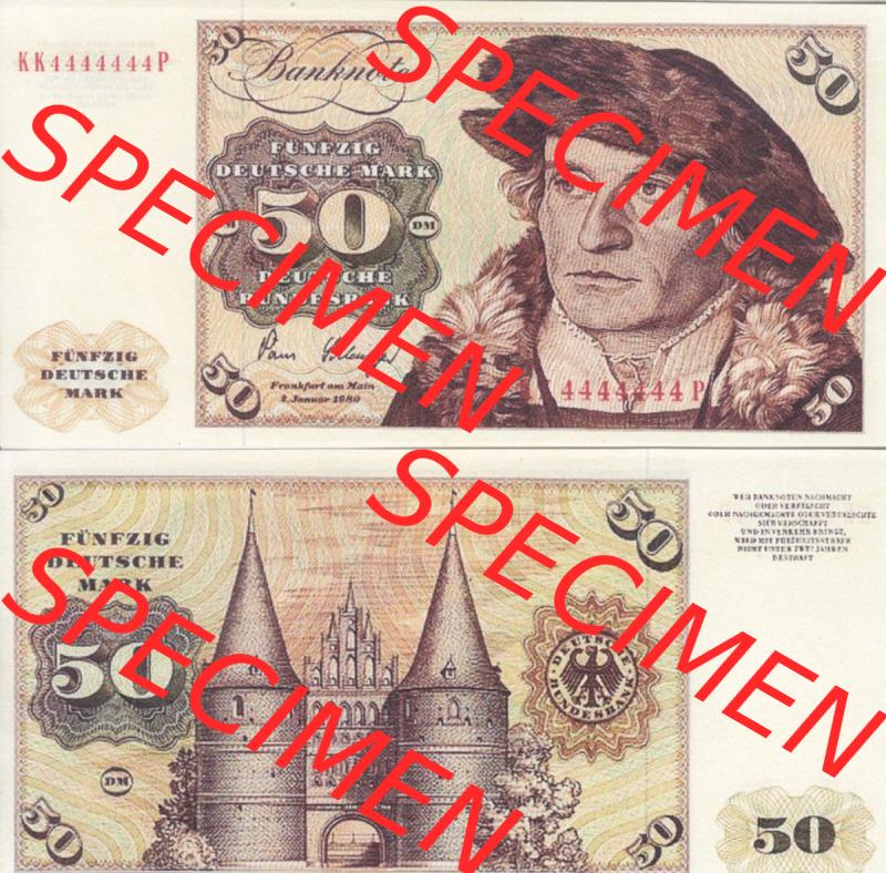 BRD Deutschland Deutsche Bundesbank 1980, 50 DM-Deutsche Mark. Vorderseite und Rückseite auf einen Digitalen Bild der Banknoten Deutschland Deutsche Bundesbank 1980, Banknoten aus... Sammlung