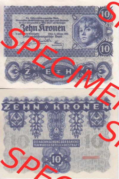 Banknoten Österreich 1922-1922, 10 Kronen. Vorderseite und Rückseite auf einen Digitalen Bild der Banknoten von Österreich... Sammlung
