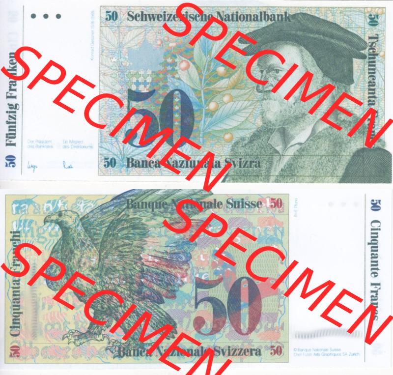 Banknoten Schweiz 1985-1985, 50 Franken. Vorderseite und Rückseite auf einen Digitalen Bild der Banknoten der Schweiz 1983-1985, Banknoten aus Satz der Banknoten Schweiz 1983-1985... Sammlung