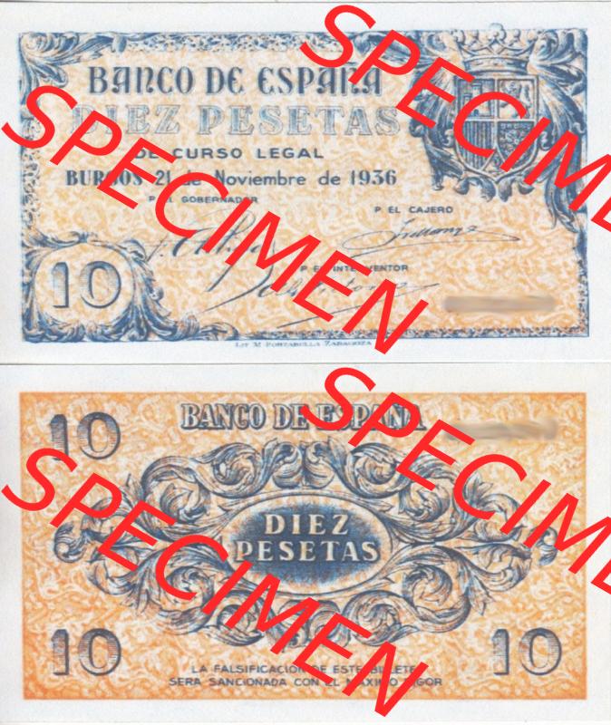 Banknoten Spanien 1936-1936, 10 Peseten. Vorderseite und Rückseite auf einen Digitalen Bild der Banknoten von Spanien 1936, Banknoten aus Satz der Banknoten Spanien 1936 in der... Sammlung