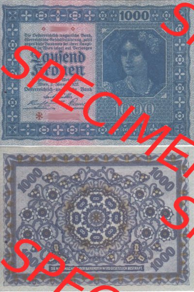 Banknoten Österreich 1922-1922, 1000 Kronen. Vorderseite und Rückseite auf einen Digitalen Bild der Banknoten von Österreich... Sammlung