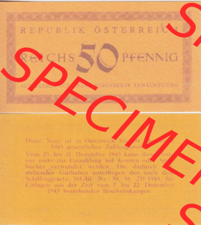 Banknoten Österreich 1945-1945. 50 Reichspfennig. Vorderseite und Rückseite auf einen Digitalen Bild der Banknoten von Österreich... Sammlung