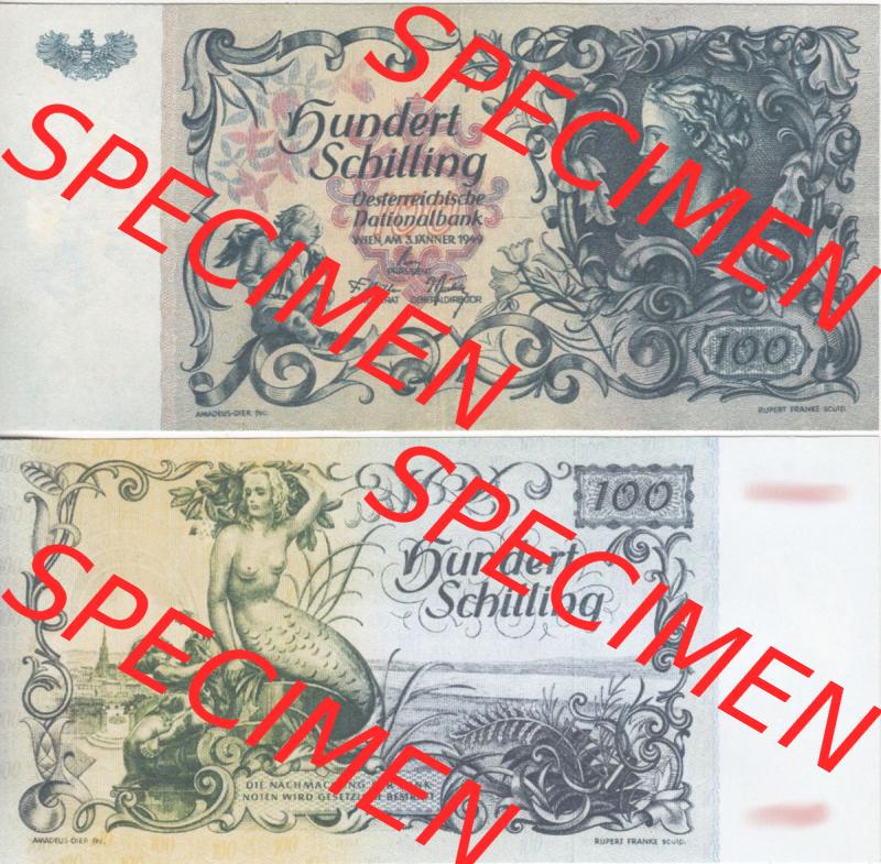 Banknoten Österreich 1949-1949, 100 Schilling I.. Vorderseite und Rückseite auf einen Digitalen Bild der Banknoten von Österreich 1945-1954, Banknoten aus Satz... Sammlung