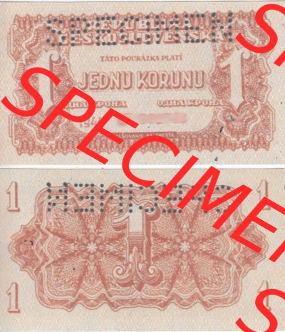 Banknoten Tschechoslowakei 1944-1944, 1 Krone. Vorderseite und Rückseite auf einen Digitalen Bild der Banknoten der Tschechoslowakei... Sammlung