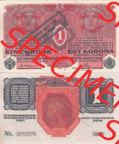 Banknoten Österreich 1920-1920, 1 Krone Aufdruck. Vorderseite und Rückseite auf einen Digitalen Bild der Banknoten von Österreich... Sammlung