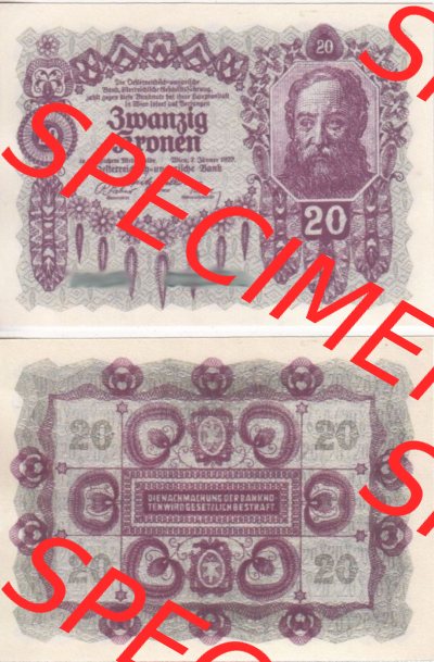 Banknoten Österreich 1922-1922, 20 Kronen. Vorderseite und Rückseite auf einen Digitalen Bild der Banknoten von Österreich... Sammlung