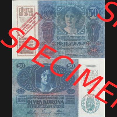 Banknoten Österreich 1920-1920, 50 Kronen Aufdruck. Vorderseite und Rückseite auf einen Digitalen Bild der Banknoten von Österreich 1920 nach 4. Oktober 1920, Banknoten... Sammlung