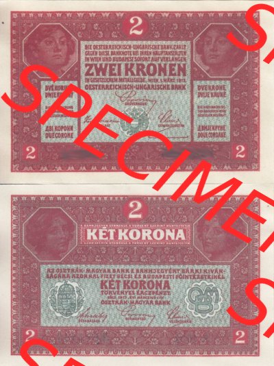 Banknoten Österreich 1917-1917, 2 Kronen. Vorderseite und Rückseite auf einen Digitalen Bild der Banknoten von Österreich 1916-1918,... Sammlung