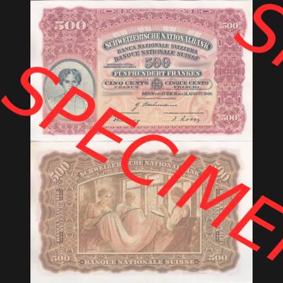 Banknoten Schweiz 1928-1949, 500 Franken. Vorderseite und Rückseite auf einen Digitalen Bild der Banknoten der Schweiz 1913-1955, Banknoten aus Satz der Banknoten Schweiz 1913-1955... Sammlung