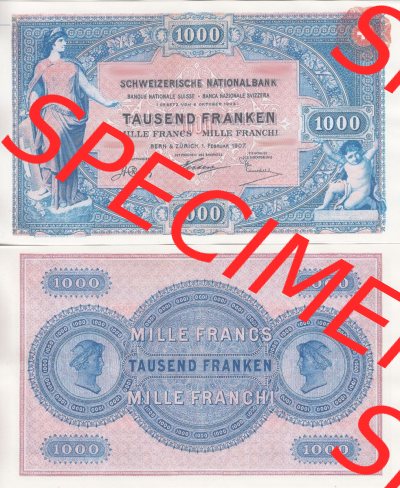 Banknoten Schweiz 1907-1907, 1000 Franken. Vorderseite und Rückseite auf einen Digitalen Bild der Banknoten der Schweiz 1907,... Sammlung
