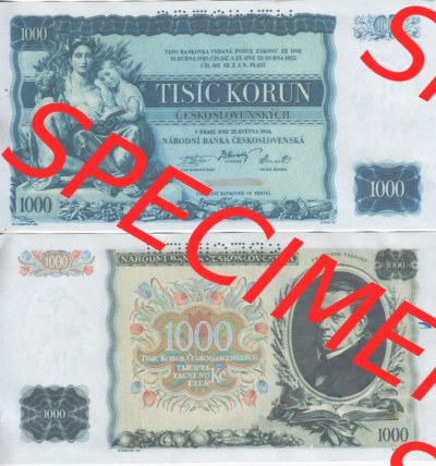 Banknoten Tschechoslowakei 1934-1934, 1000 Kronen. Vorderseite und Rückseite auf einen Digitalen Bild der Banknoten der Tschechoslowakei... Sammlung