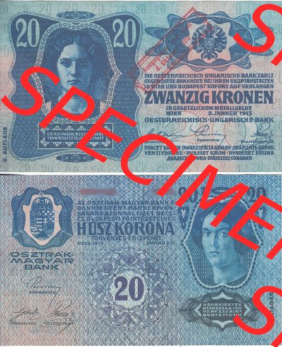 Banknoten Österreich 1920-1920, 20 Kronen Aufdruck. Vorderseite und Rückseite auf einen Digitalen Bild der Banknoten von Österreich... Sammlung