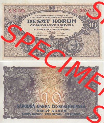Banknoten Tschechoslowakei 1919-1919, 10 Korun. Vorderseite und Rückseite auf einen Digitalen Bild der Banknoten der Tschechoslowakei... Sammlung