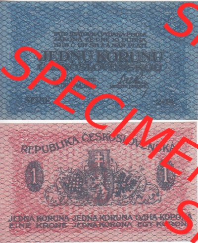 Banknoten Tschechoslowakei 1919-1919, 1 Koruna. Vorderseite und Rückseite auf einen Digitalen Bild der Banknoten der Tschechoslowakei... Sammlung