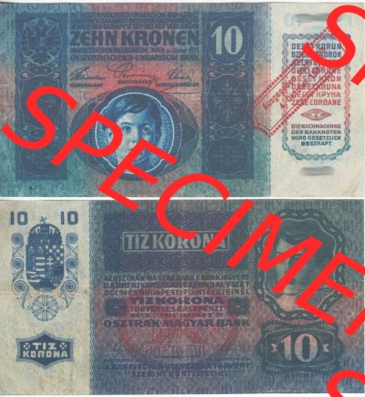 Banknoten Österreich 1920-1920, 10 Kronen Aufdruck. Vorderseite und Rückseite auf einen Digitalen Bild der Banknoten von Österreich... Sammlung