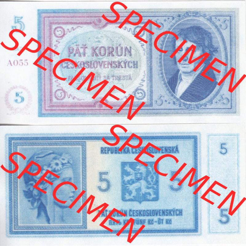 Banknoten Tschechoslowakei 1938-1938, 5 Kronen. Vorderseite und Rückseite auf einen Digitalen Bild der Banknoten der Tschechoslowakei 1938, Banknoten aus Satz der Banknoten Tschechoslowakei... Sammlung