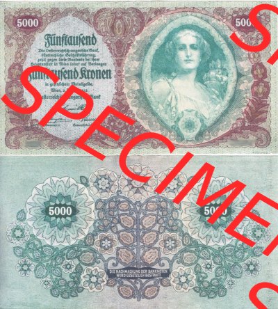 Banknoten Österreich 1922-1922, 5000 Kronen. Vorderseite und Rückseite auf einen Digitalen Bild der Banknoten von Österreich... Sammlung