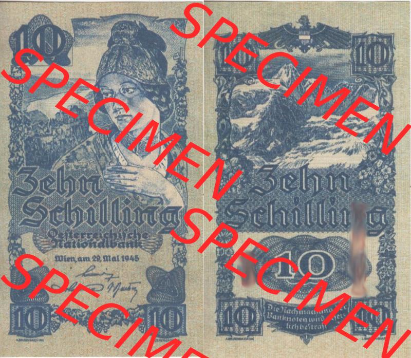 Banknoten Österreich 1945-1945, 10 Schilling. Vorderseite und Rückseite auf einen Digitalen Bild der Banknoten von Österreich 1935-1945, Banknoten aus Satz der Banknoten... Sammlung