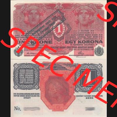 Banknoten Österreich 1920-1920, 1 Krone Aufdruck. Vorderseite und Rückseite auf einen Digitalen Bild der Banknoten von Österreich 1920 nach 4. Oktober 1920, Banknoten... Sammlung
