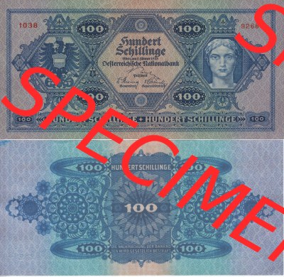 Banknoten Österreich 1925-1925, 100 Schilling. Vorderseite und Rückseite auf einen Digitalen Bild der Banknoten von Österreich... Sammlung