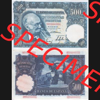 Banknoten Spanien 1951-1952, 500 Peseten. Vorderseite und Rückseite auf einen Digitalen Bild der Banknoten von Spanien 1951-1956, Banknoten aus Satz der Banknoten Spanien 1951-1956... Sammlung