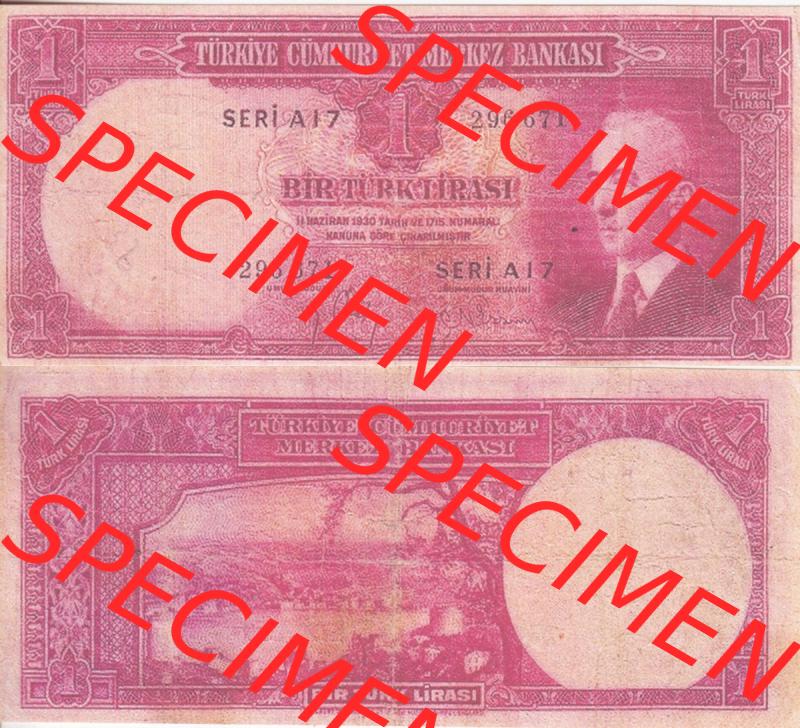 Banknote Türkei 1942, P135, 1 Lira. Vorderseite und Rückseite auf einen Digitalen Bild der Banknoten der Türkei 1940-1944, Banknoten aus Satz der Banknoten der Türkei... Sammlung