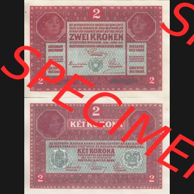 Banknoten Österreich 1917-1917, 2 Kronen. Vorderseite und Rückseite auf einen Digitalen Bild der Banknoten von Österreich 1916-1918, Banknoten aus Satz der Banknoten Österreich... Sammlung