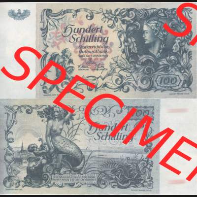 Banknoten Österreich 1949-1949, 100 Schilling II.. Vorderseite und Rückseite auf einen Digitalen Bild der Banknoten von Österreich 1945-1954, Banknoten aus Satz... Sammlung