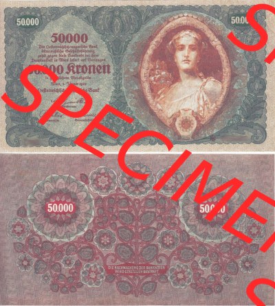 Banknoten Österreich 1922-1922, 50.000 Kronen I. Vorderseite und Rückseite auf einen Digitalen Bild der Banknoten von Österreich... Sammlung