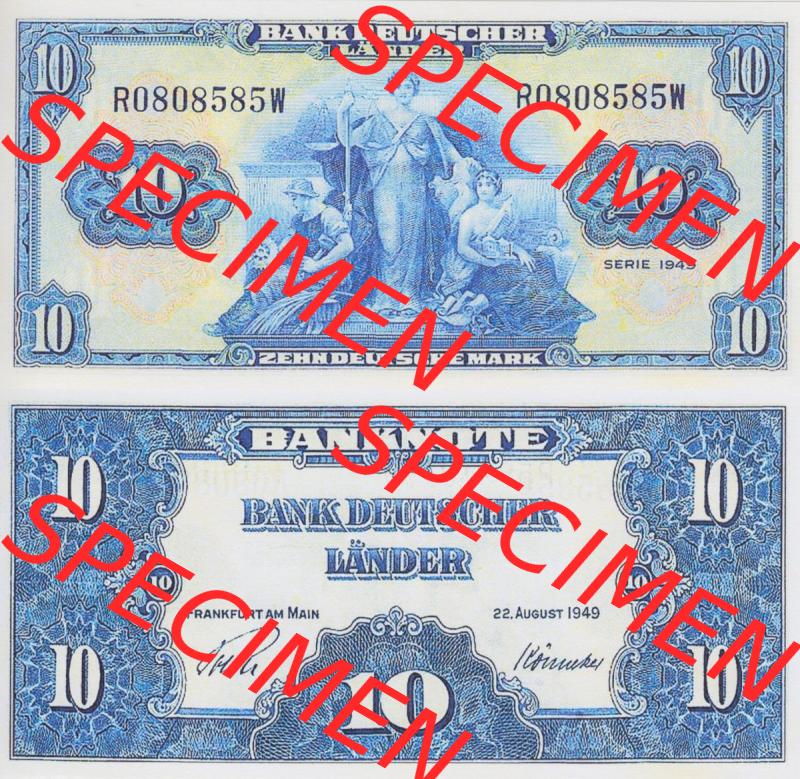 BRD Deutschland Bank Deutscher Länder 1949, 10 DM Deutsche Mark. Vorderseite und Rückseite auf einen Digitalen Bild der Banknoten Deutschland 1948 der Bank Deutscher Länder,... Sammlung