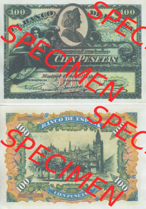 Banknoten Spanien 1907-1907, 100 Peseten. Vorderseite und Rückseite auf einen Digitalen Bild der Banknoten von Spanien 1907, Banknoten aus Satz der Banknoten Spanien 1907 Peseten-Währung... Sammlung